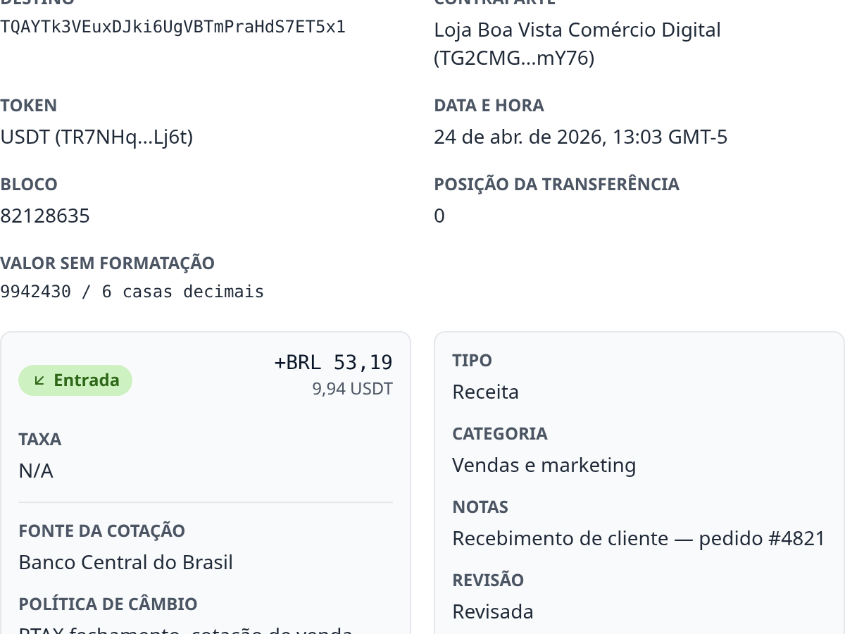 Transações do TxFlows exibidas em BRL com o câmbio de referência da data da transação