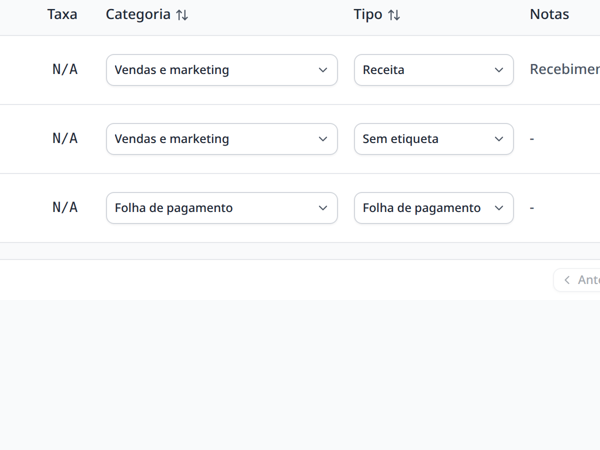Colunas de categoria e tipo nas transações do TxFlows
