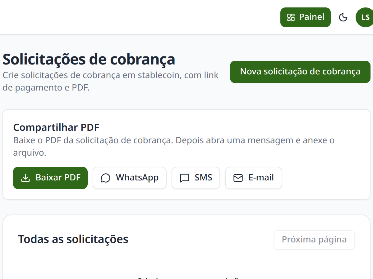 Painel de compartilhamento de PDF do TxFlows com opção de enviar pelo WhatsApp