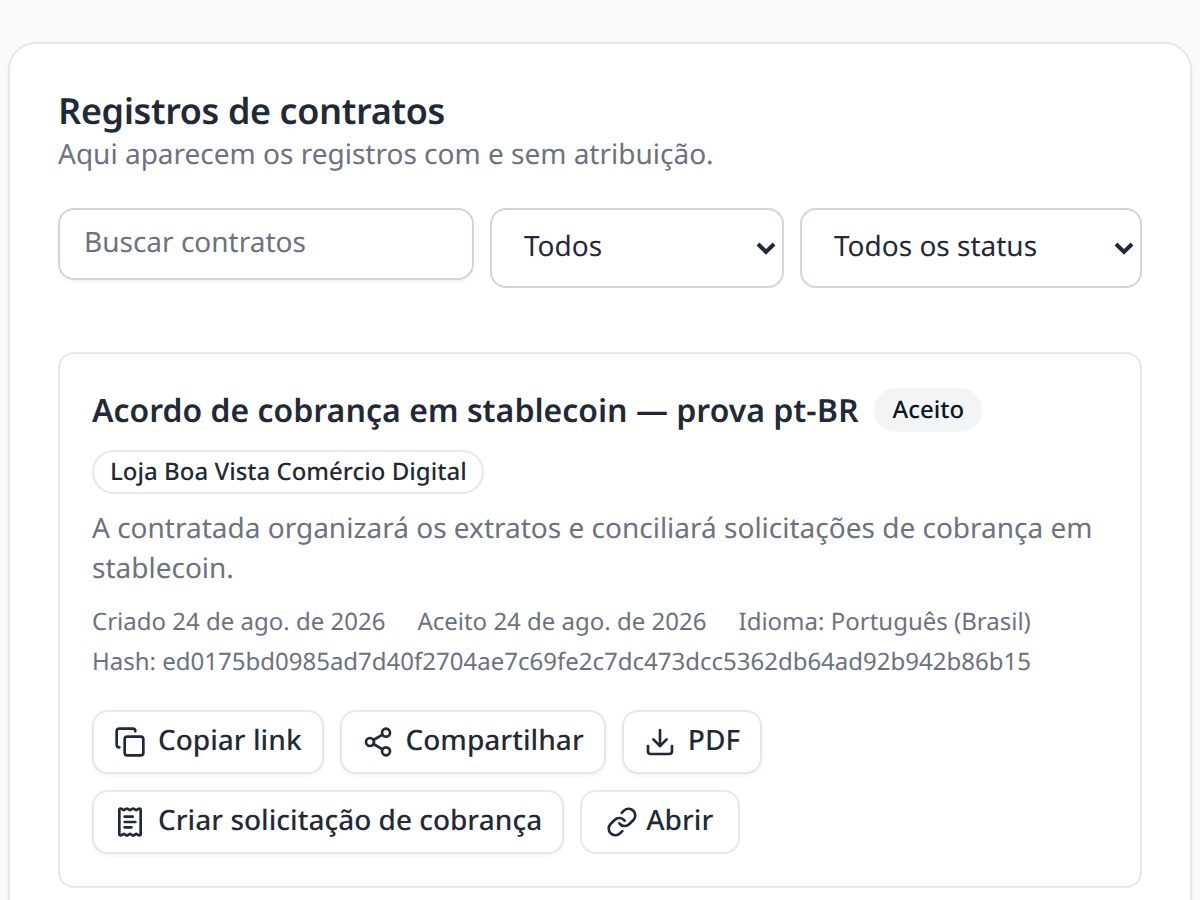 Lista de contratos do TxFlows mostrando um contrato com aceite registrado
