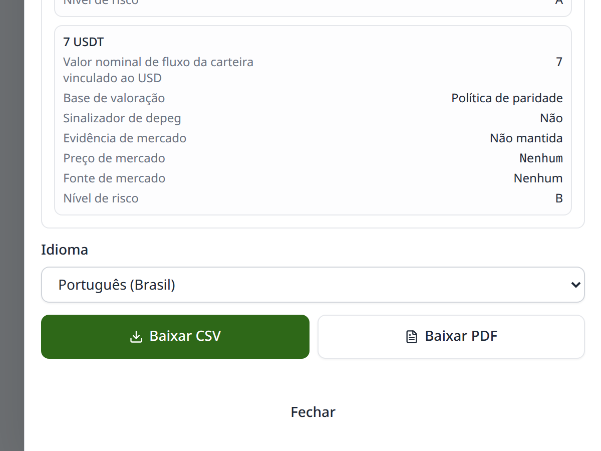 Prévia do extrato de fluxos do TxFlows com opções para baixar PDF e CSV