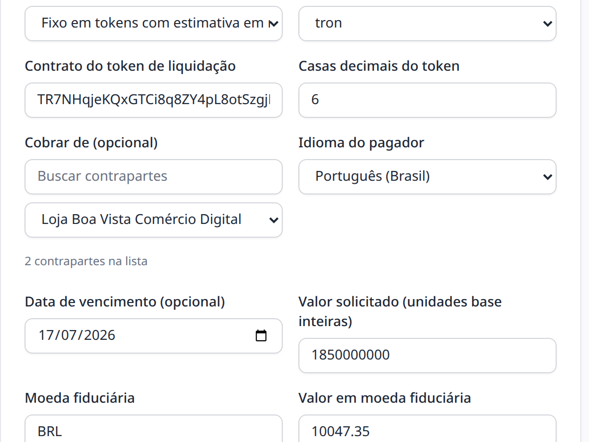 Solicitação de cobrança em stablecoin no TxFlows